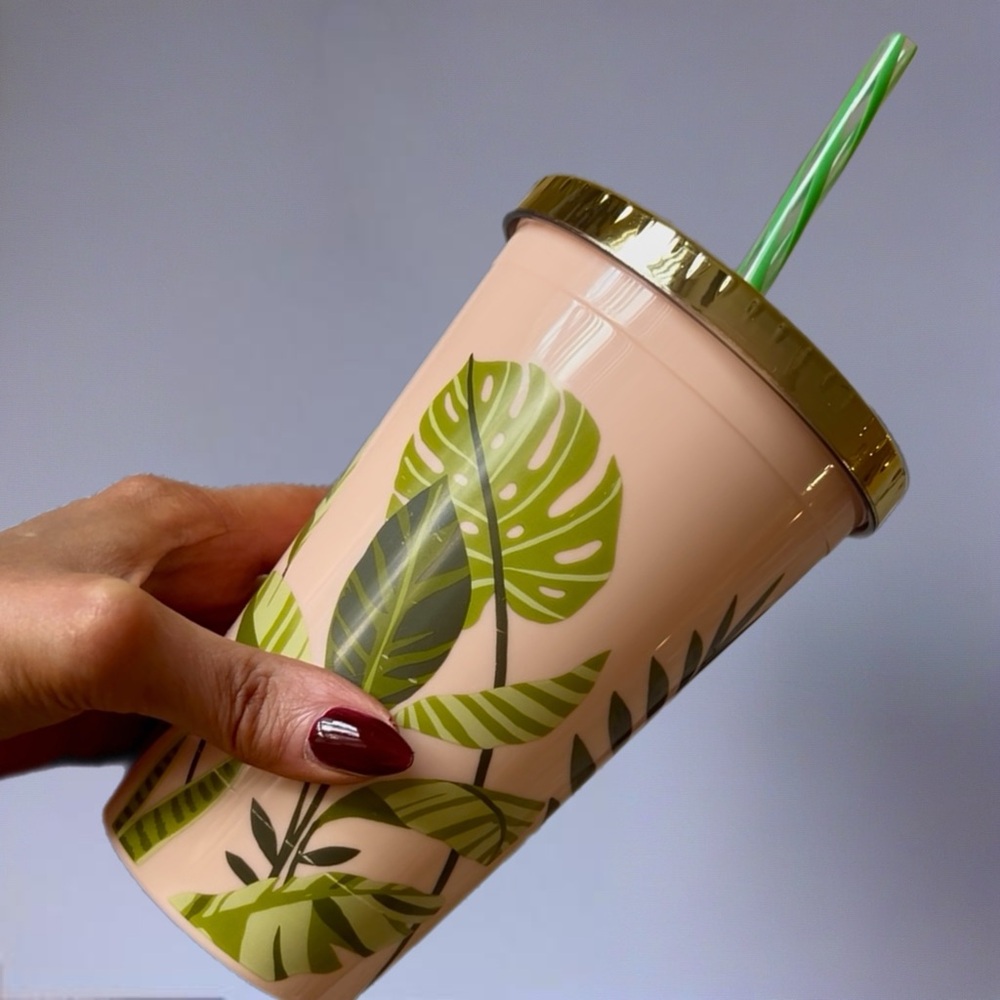 Leafy Green and Cream Tumbler with Straw - Picture 4 of 8